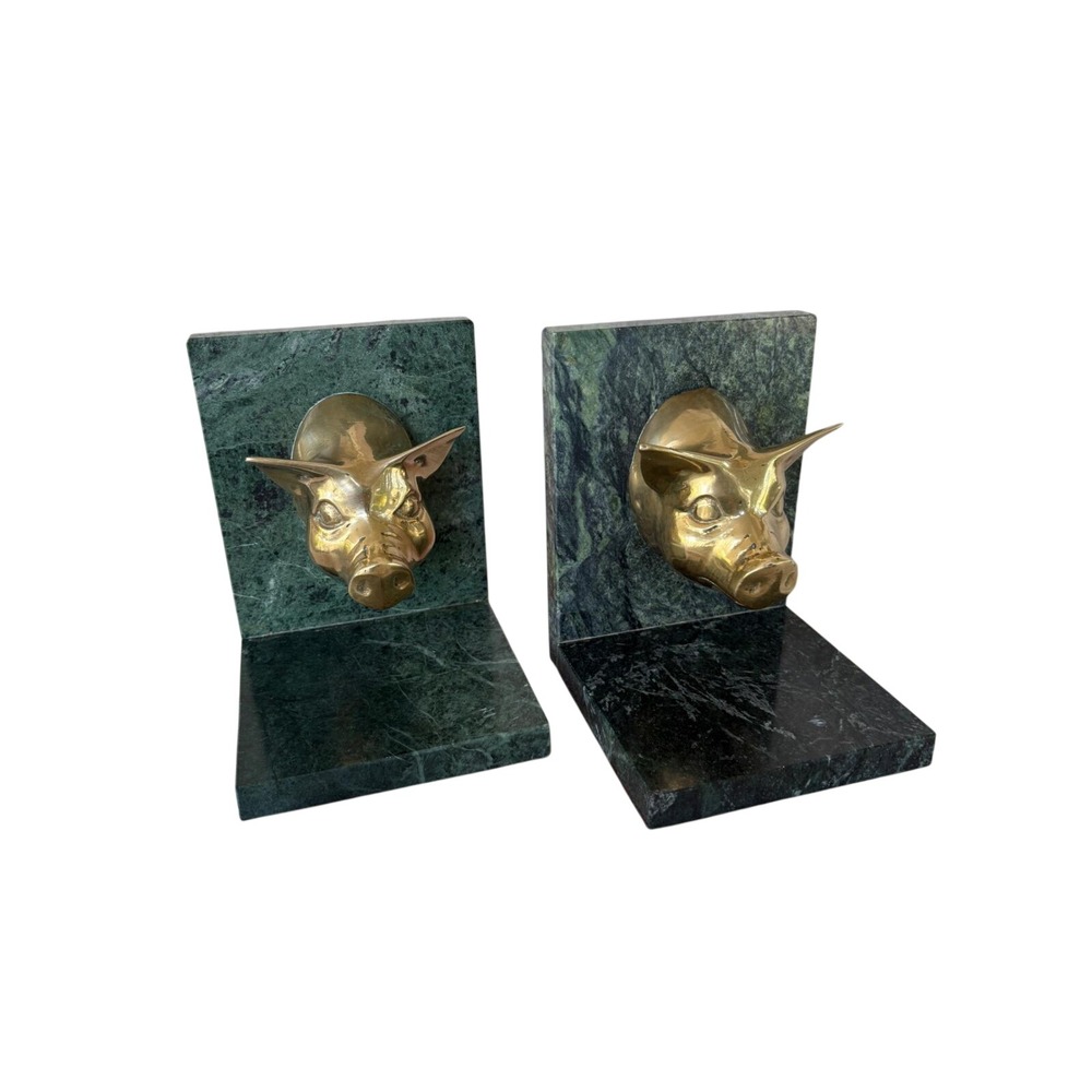 Unbranded Pig Bookends Unisex OS Green Brass Excellent Marble Animal Farmhouse
